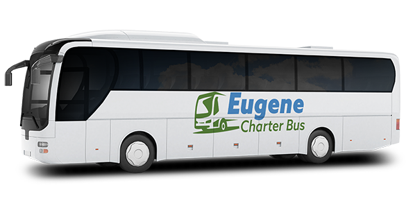 a plain white charter bus with Eugene charter bus logo on it